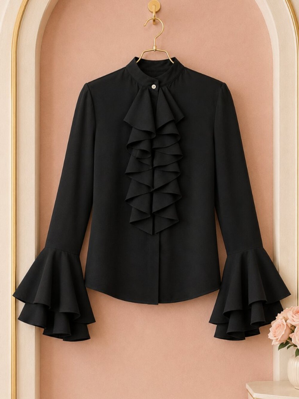 Elegant Black Ruffle Front Bell Sleeve Statement Blouse S–L - Picture 4 of 4